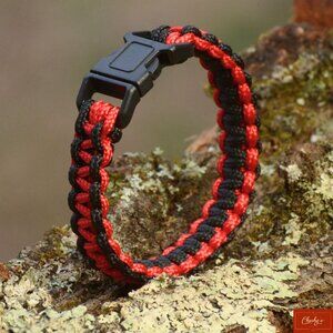 Men’s Black Red Paracord Bracelet Fits 5.5"-5.75" Wrist Handmade USA (ID205)